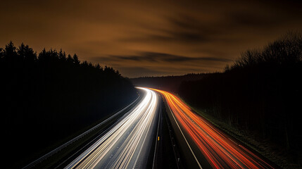 Moving car lights on highway at night longDynamic time-lapse of a busy highway at dusk, capturing vibrant light trails.