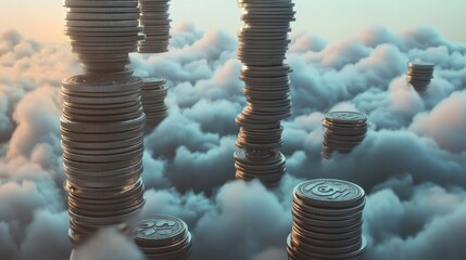 Stacks of Coins Floating in a Sky of Clouds