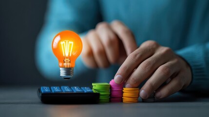 Hand Building Stack of Coins with Lightbulb Above Calculator