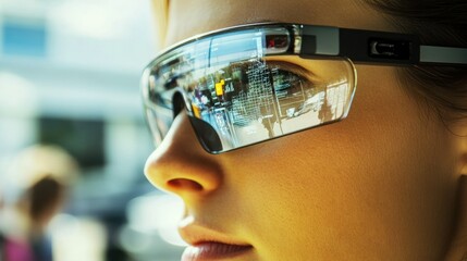 Wall Mural - A Close-Up of a Woman Wearing Futuristic Glasses with Digital Displays