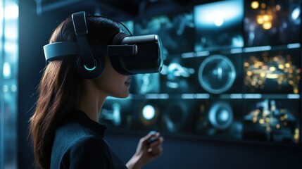 Poster - Woman Wearing Virtual Reality Headset Interacting with Digital Interface