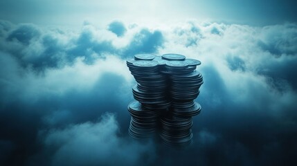 Poster - A Tower of Silver Coins Rising Through Clouds