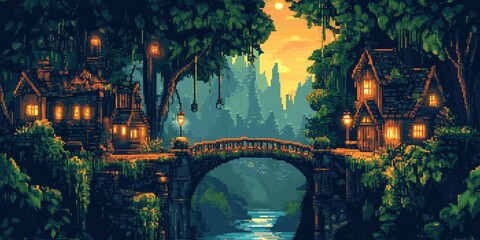 Pixel Art Fantasy Forest Bridge at Sunset