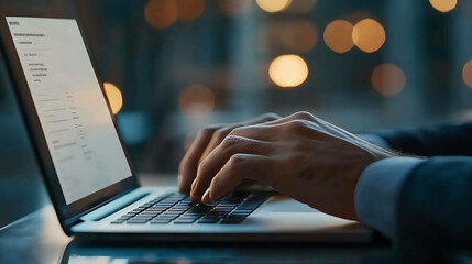 Close up of hands typing on a laptop keyboard, blurry background with warm lights.