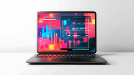 A black laptop computer with a bright pink and blue screen showing code and charts.
