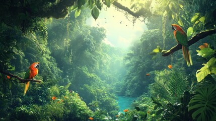 Poster - Lush Tropical Rainforest with Two Colorful Parrots Perched on Branches