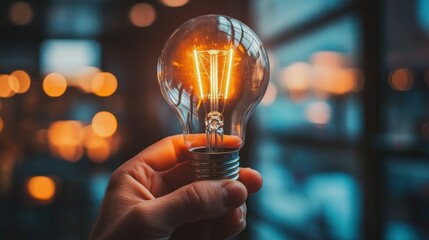 Canvas Print - A Hand Holding a Glowing Lightbulb Against a Bokeh Background