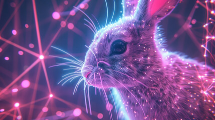 Wall Mural - Tech-savvy rabbits managing B2B negotiations in a glowing digital world, exchanging virtual business cards