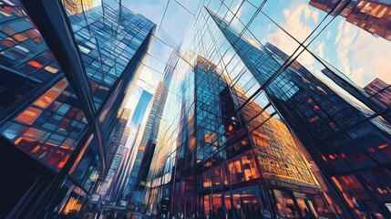 Wall Mural - Low Angle View of Modern Skyscrapers Reflecting the Sky