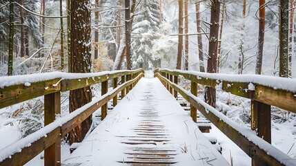 Wall Mural - Snow covered wooden floor bridge in a verdant woodland