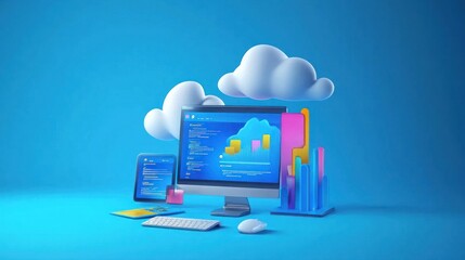 Computer, tablet, keyboard, mouse and clouds on a blue background.