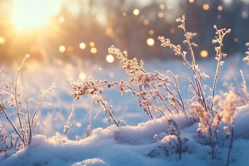 Poster - Winter Landscape,  Frost covered Grass in Sunset with Bokeh Lights