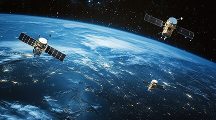a stunning view of earth with multiple satellites orbiting, showcasing the vastness of space and adv