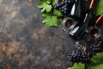 Wall Mural - Composition of wine bottles, glasses, grapes and grape leaves on a stone table. Top view. Free space for text. 