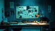 © Khalil - Detective board with clues over desk in police archive, crime scene photos connected on wall and case files in investigation office. Empty incident room with forensic evidence and surveillance.