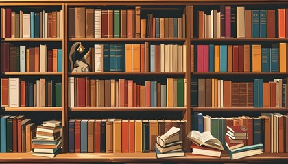 Library shelves filled with textbooks and novels, a haven for knowledge seekers and students immersed in research and education