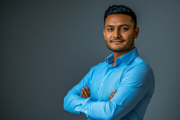 a handsome Indian man standing with his arms crossed over a grey background.