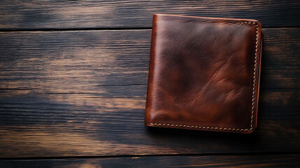 A brown leather wallet sits on a rustic wooden background.