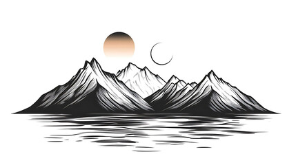 Wall Mural - A hand-drawn illustration of a mountain range with a sun and moon in the sky.