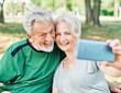 © Lumos sp - woman man outdoor senior couple happy lifestyle retirement together love elderly video call selfie photo mobile smartphone communication phone sport active fitness outfit training healthy