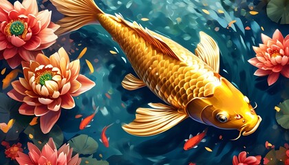 Vibrant celebration of traditional festivals featuring golden koi carp in an enchanting illustrated scene