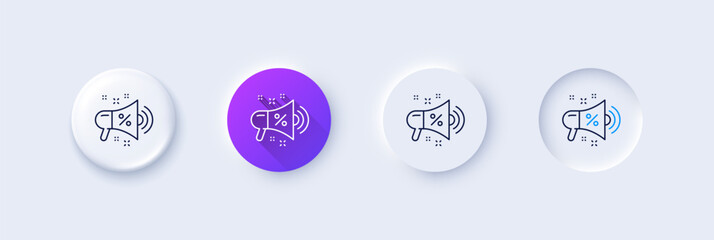 Sticker - Sale megaphone line icon. Neumorphic, Purple gradient, 3d pin buttons. Discount shopping sign. Clearance symbol. Line icons. Neumorphic buttons with outline signs. Vector