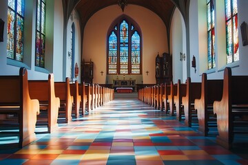 Empty Church Interior with Stained Glass Window