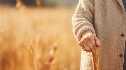 A close-up of an elderly person's hand holding a wooden cane in a golden field, symbolizing wisdom and tranquility in nature.