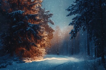 Poster - Mystical Winter Forest with Snow Covered Trees and Glowing Light