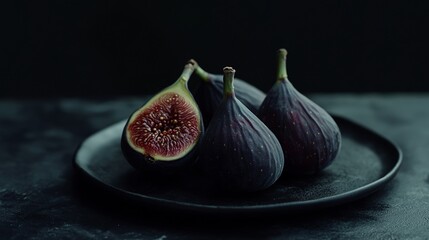 Wall Mural - Ripe, plump figs rest on a black plate against a dark backdrop. This close-up aerial shot captures the intricate details of the fruit.