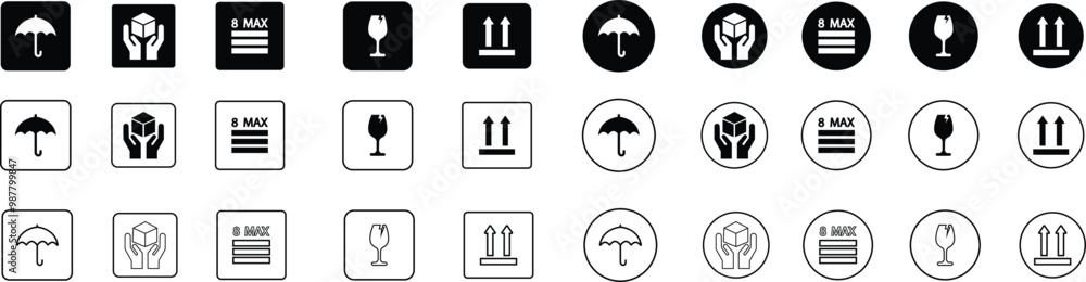 Sticker fragile handle with care, black fragile warning label, label with broken glass symbol, maximum stock, umbrella, direction sign, holding box vector set asset collection line and flat isolated.