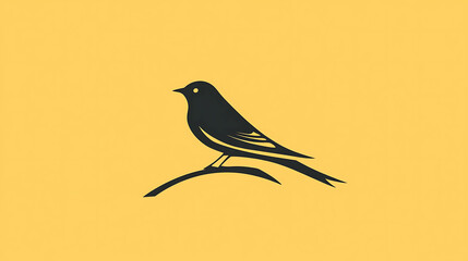 Simple silhouette of a bird on a branch on a yellow background.