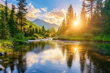 Wall Mural - Mountain River Sunset with Reflections, Pine Trees, and Clouds