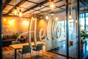 A room with a sign that says Hello on it. The room has a lot of light and has a lot of furniture