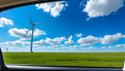 Wall Mural - Scenic view of modern windmills on a grassy field against a clear blue sky through a car window