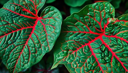 Intricate texture of a large green leaf featuring vibrant red veins in stunning close-up detail