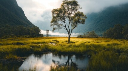 Sticker - A Single Tree Stands Tall in a Foggy Mountain Valley with a Small Pond in the Foreground