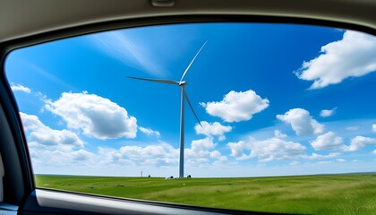 Scenic view of modern windmills on a grassy field against a clear blue sky through a car window