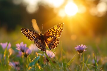 Sticker - Silhouette of butterfly against sunset, wings spread, flower field