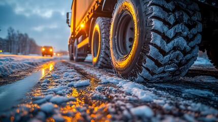 large dirty tire on a heavy industrial vehicle. in the background is a winter road with other vehicl