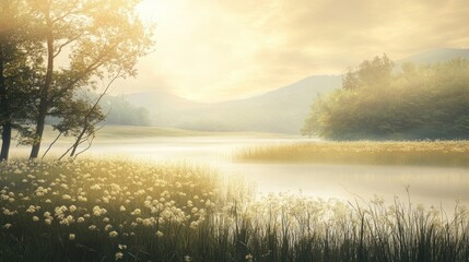 Poster - Misty Morning Landscape with a Lake and Lush Vegetation