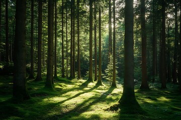 Poster - Sunlight streaming through the trees in a dense green forest