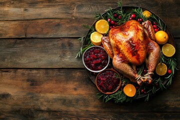 Happy Thanksgiving day. Roasted turkey on wooden table, top view. Copy space