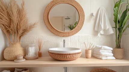 Poster - A round rattan-framed mirror above a minimalist vanity creates a serene boho aesthetic in a well-decorated bathroom setting with natural elements and simple design