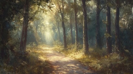 Wall Mural - A serene forest path illuminated by soft sunlight filtering through the trees.