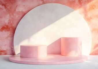 Portrait layout of light pink wall 3D render style image pink marble podium