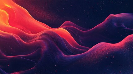 Abstract Cosmic Landscape with Wavy Lines and Red Glowing Particles