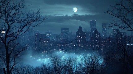 Poster - Cityscape at Night with Full Moon and Silhouetted Trees