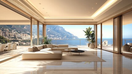 Poster - Luxurious beige modern penthouse in Monaco featuring expansive windows with stunning daylight and breathtaking views of the coastline and mountains