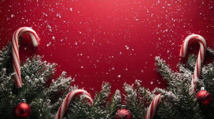 Wall Mural - A festive scene featuring candy canes and ornaments against a snowy red background.